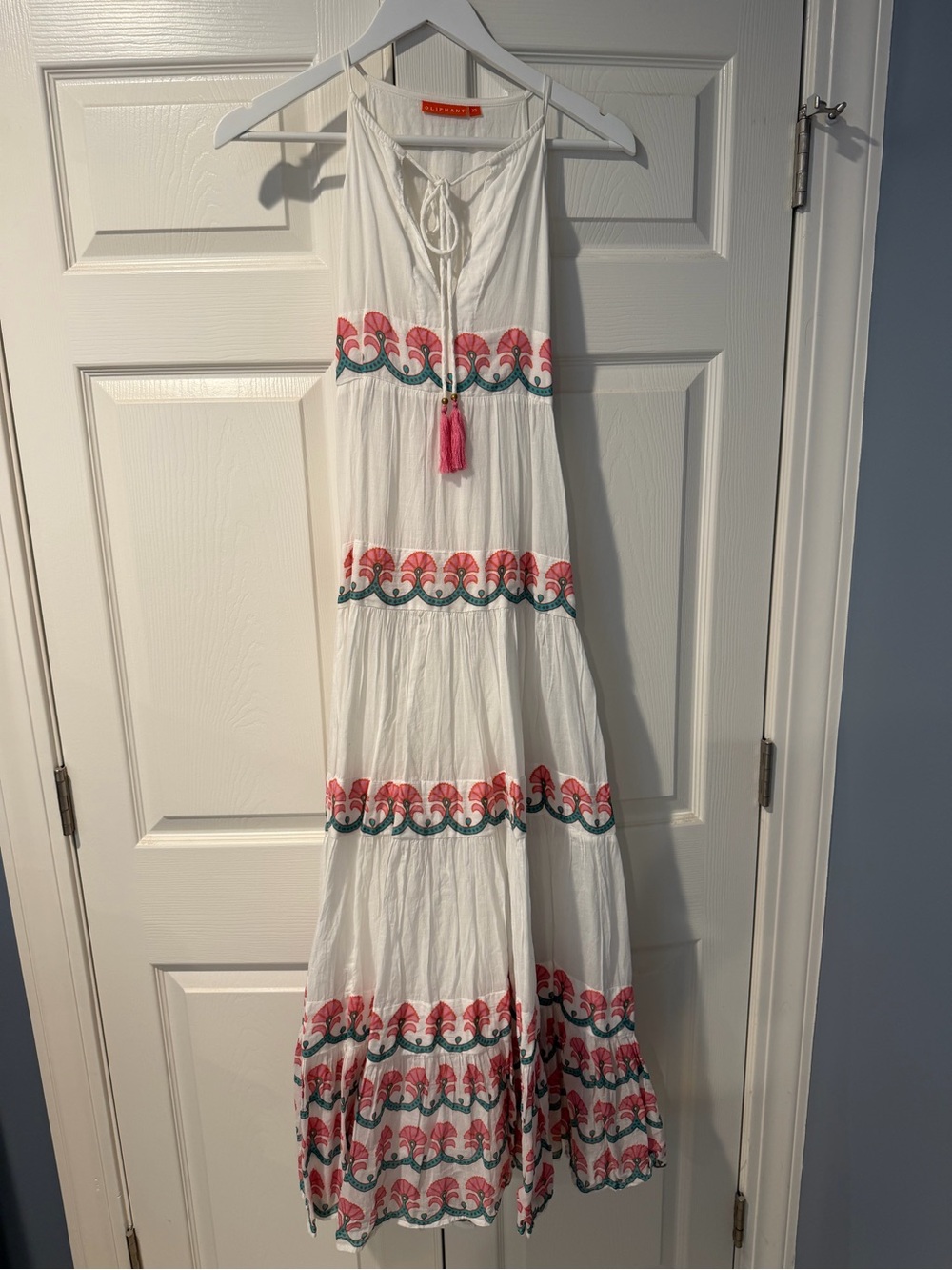 Oliphant White Maxi Dress with Pink and Teal Embroidery